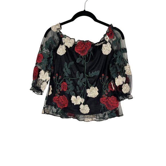 Floral Embroidery Sheer Top XS Colorful Vampire Chic Romantic Boho Hippie Indie - Picture 7 of 10